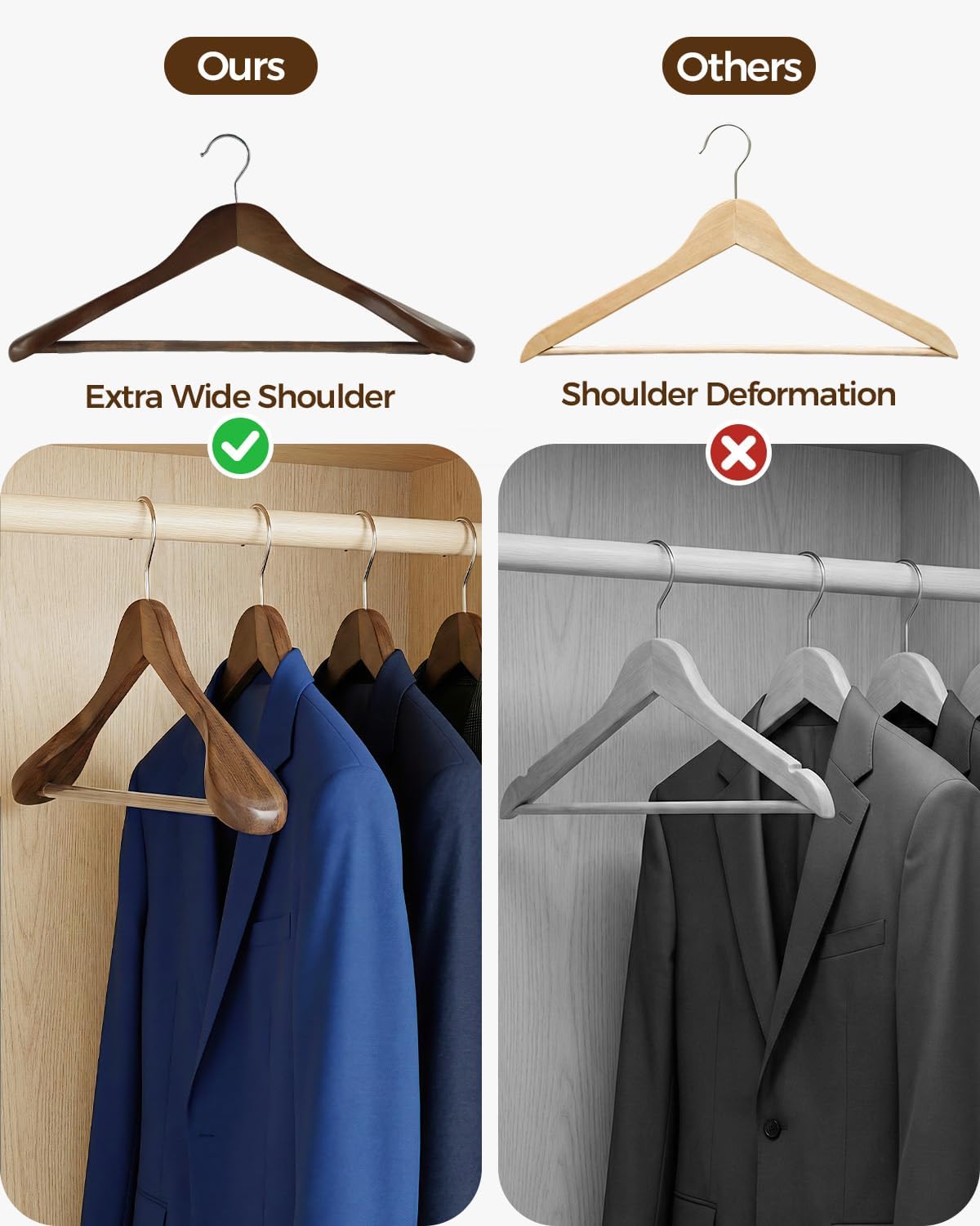 Premium Wooden Hangers 6-Pack – Wide Shoulder Non-Slip Design for Coats, Jackets & Suits | 360° Rotating Closet Organizers | Durable & Space-Saving (Vintage Wood)