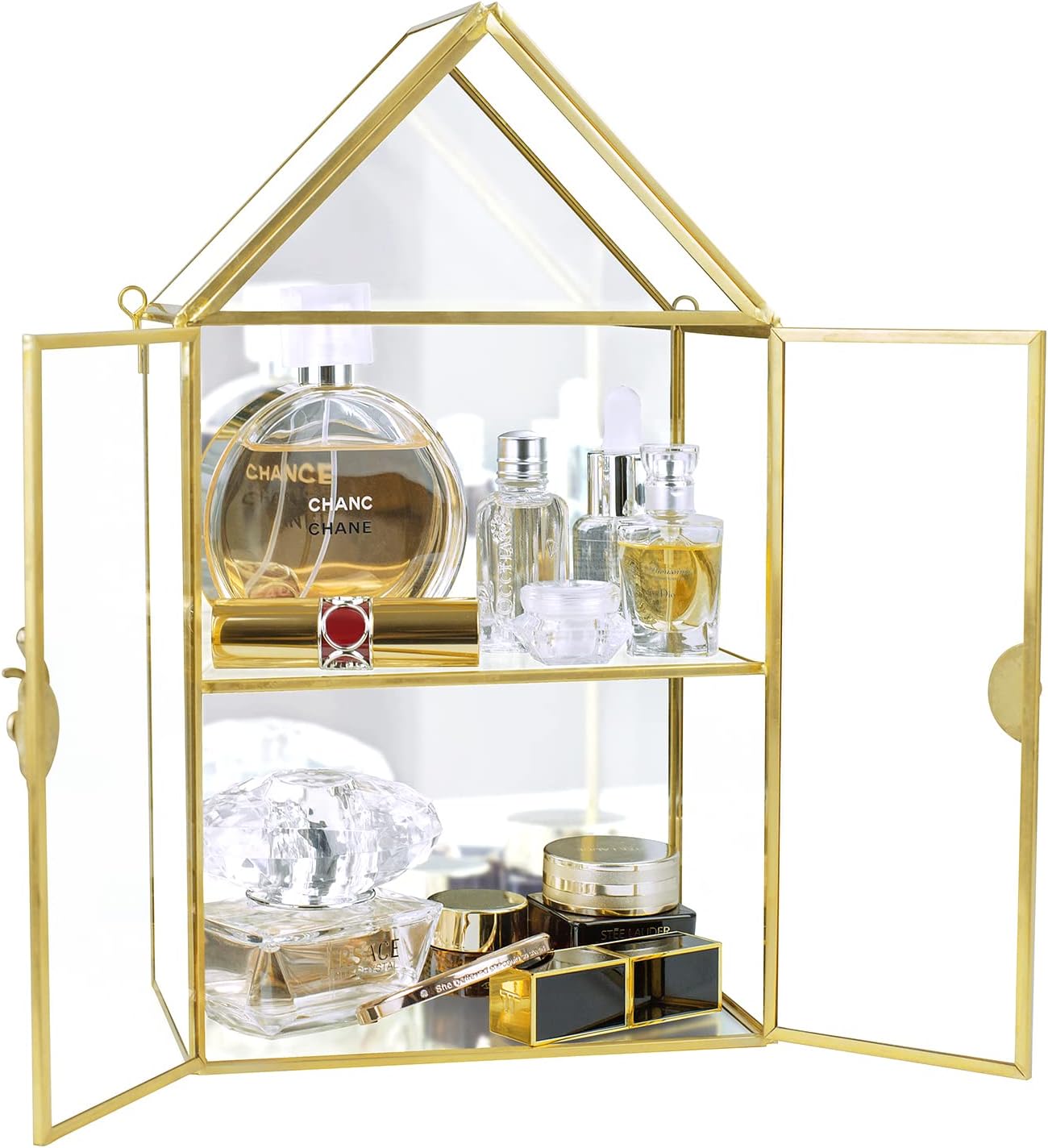 Wall Glass Cabinet Display for Perfume, Small Glass Display Curio Cabinets with Doors Wall Mounted, 2 Tiered Small Gold Curio Cabinet with Mirror Cosmetics Perfumes Storage for Bathroom