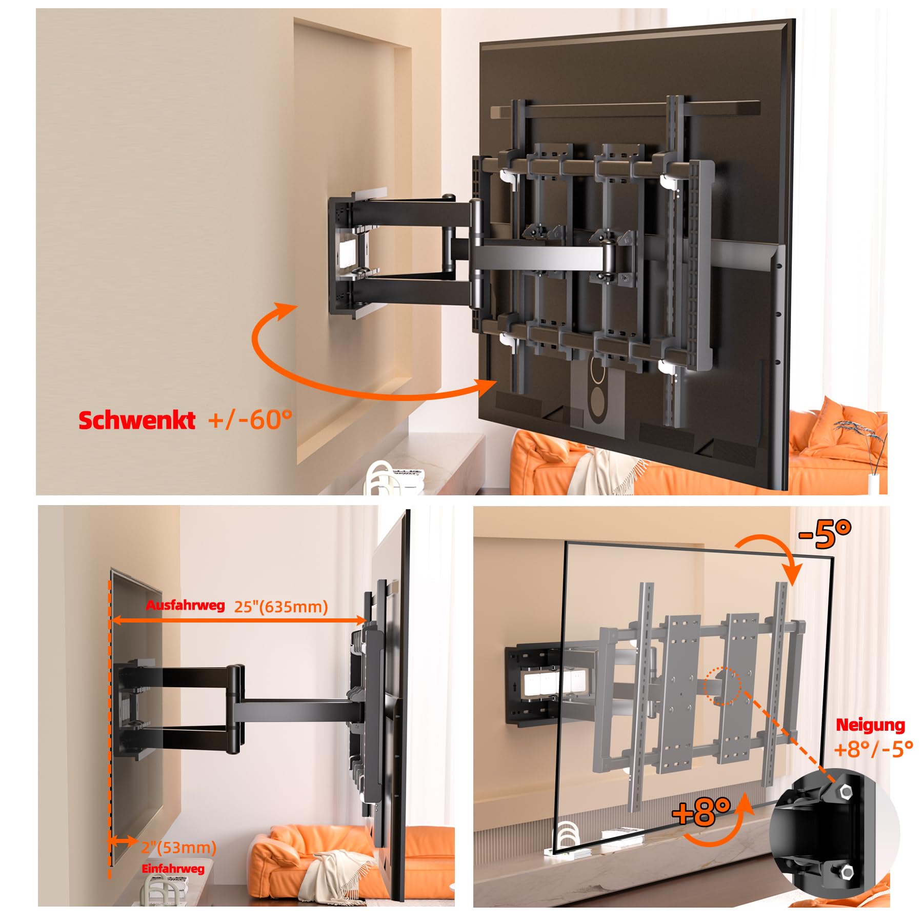 Supporto TV Parete 50-120 Pollici fino a 110kg, Staffa TV Inclinazione, Rotazione, Girevole, Estensione, livellamento, Supporto TV Doppio Braccio Articolato, Preassemblato Max VESA 1000x600