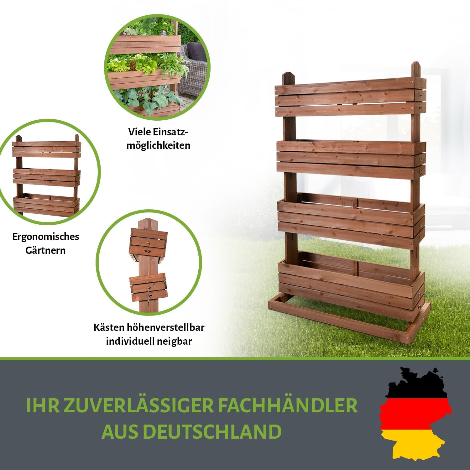 Vertikales Hochbeet 'Cube 4' aus Holz Blumenkasten Pflanzkübel Frühbeet Kräuterbeet mit Vier Etagen, Pflanztreppe für Balkon, Terrasse und Garten, 84,5 cm x 50 cm x 145 cm