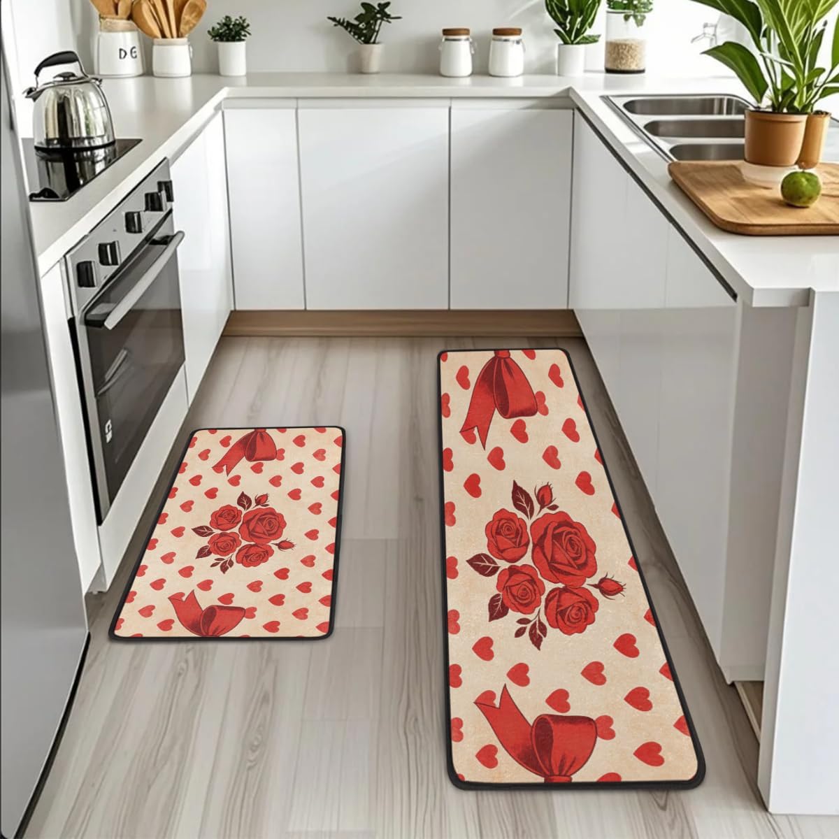 Anti Fatigue Red Rose Heart Print Kitchen Mats for Floor 2 Piece Set, Waterproof Non Slip Boho Kitchen Floor Rugs, Comfort Standing Mat for Sink Laundry & Home Kitchen 17"x47"+17"x29"