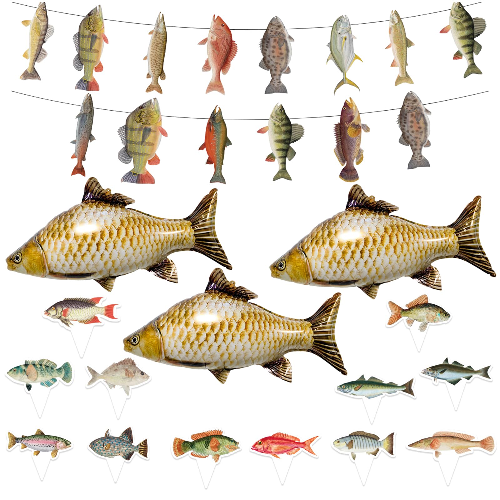16Pcs Fishing Party Decorations, Fish Balloon, Fishing Cupcake Toppers, Fishing Banner, Realistic Inflatable Fish Foil Balloons for Birthday, Ocean Themed Events, Fishing Theme Party Decorations