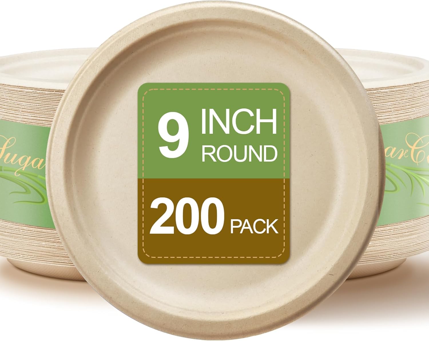 Paper Plates, Compostable Heavy Duty Disposable 9 Inch Plates - Eco-Friendly, Biodegradable Sugarcane Bagasse, Natural Unbleached Brown 9" Dinner Paper Plate Disposable (9inc-200Pack)