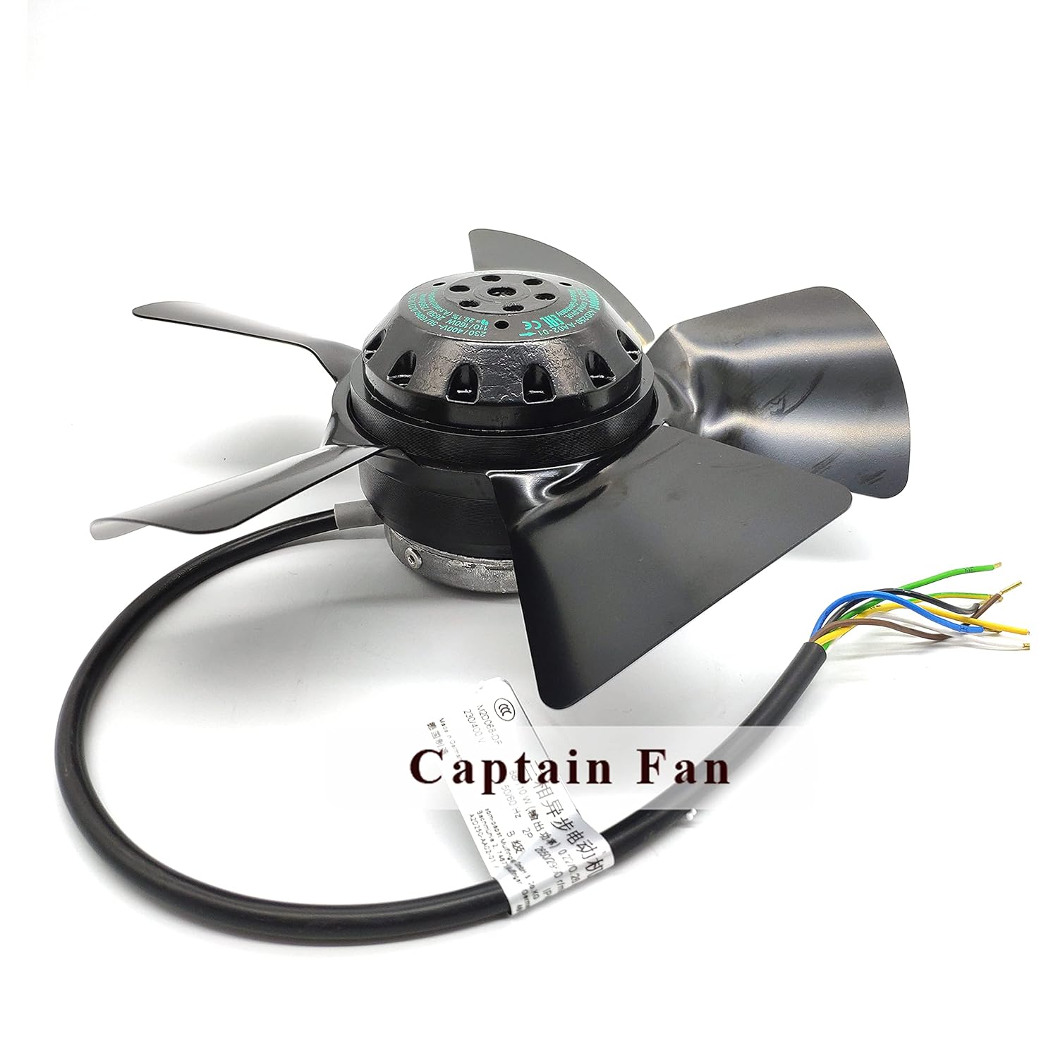 Atas ke bawah view of the Ebm Papst A2D250-AA02-01 axial fan, showing the four fan blades, the central motor, and the attached wiring with a product label visible.