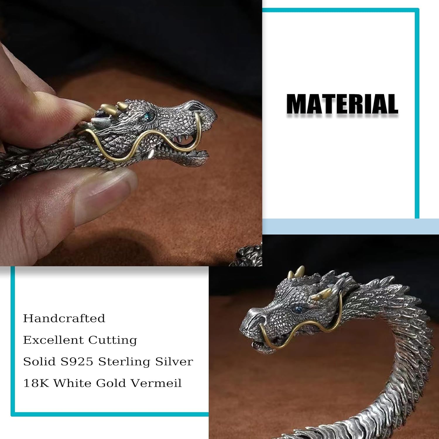 Feng Shui Dragon Bracelet, Vintage 925 Sterling Silver Power and Strength Bracelet for Luck, Success, and Protection, Aztec Gothic Jewelry Gift for Men and Women