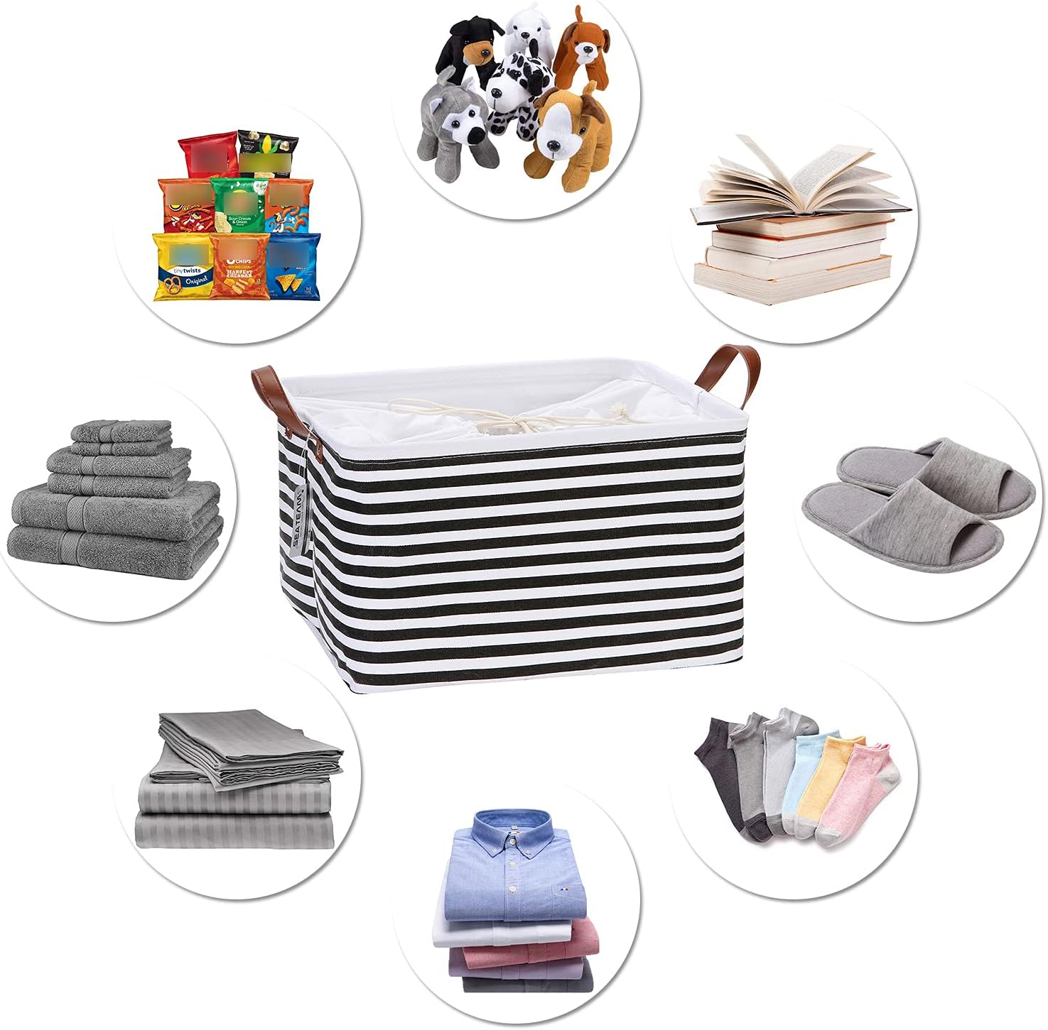Sea Team Collapsible Rectangular Canvas Fabric Storage Bin Shelf Basket Organizer with PU Leather Handles and Drawstring Closure, 16.5 x 11.8 x 9.8 inches, Waterproof Inner Layer, Black Stripe