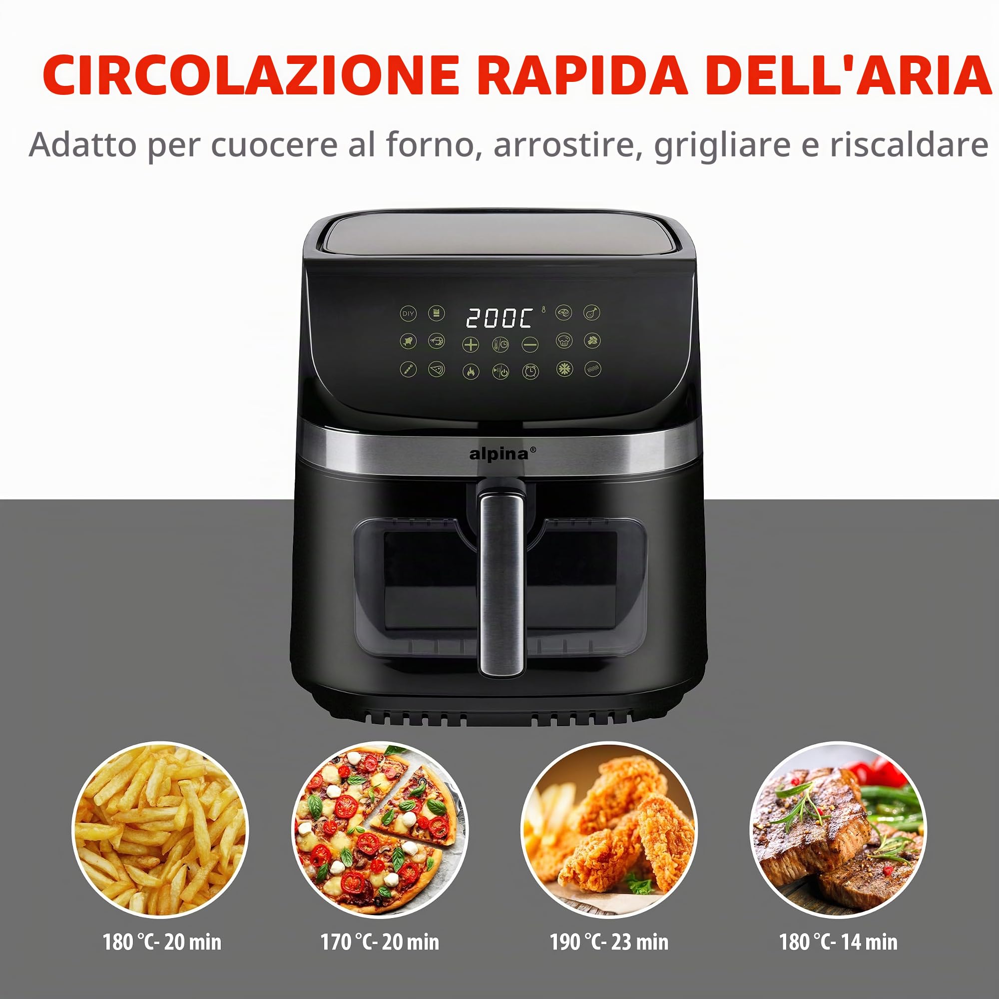 alpina Friggitrice Aria 9L - Friggitrice ad Aria XXL - Air Fryer con Display Digitale - Airfryer con Timer e Temperatura da 60 a 200℃ - con 8 Programmi di Cottura e Finestra di Visualizzazione - Nero