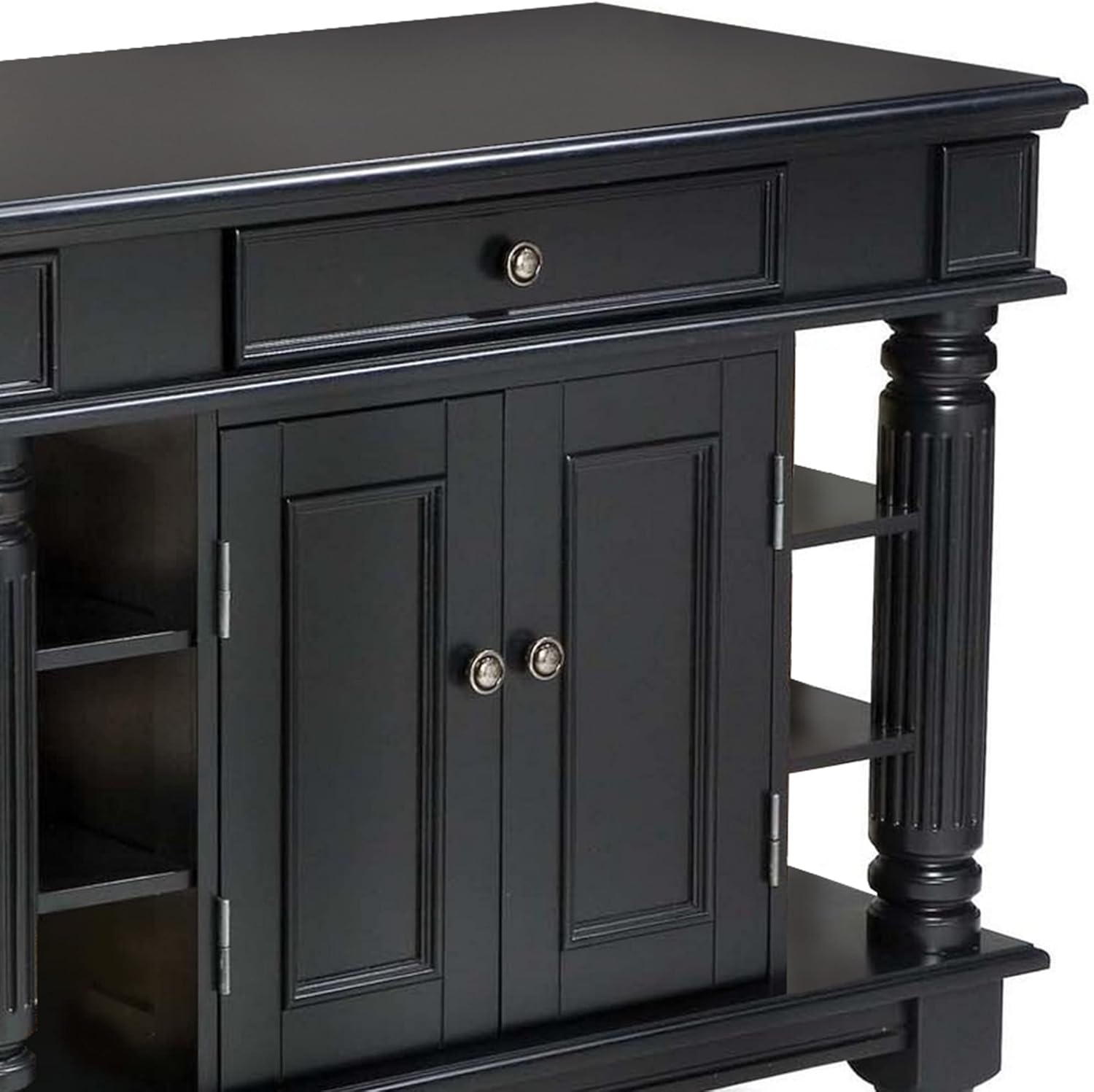 Americana Black Hardwood Kitchen Island with Shelves and Drawer