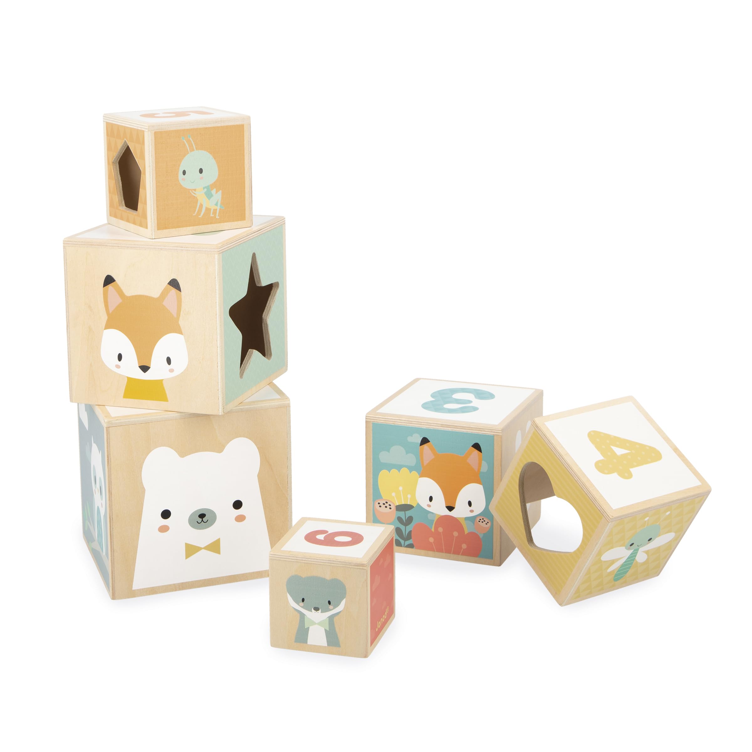 Janod Pyramide en Bois d'Éveil-6 Cubes à Empiler-Jouet d'Empilement d'Encastrement-Développe Dextérité et Imagination-Premier âge-da 12 miesięcy, J05147