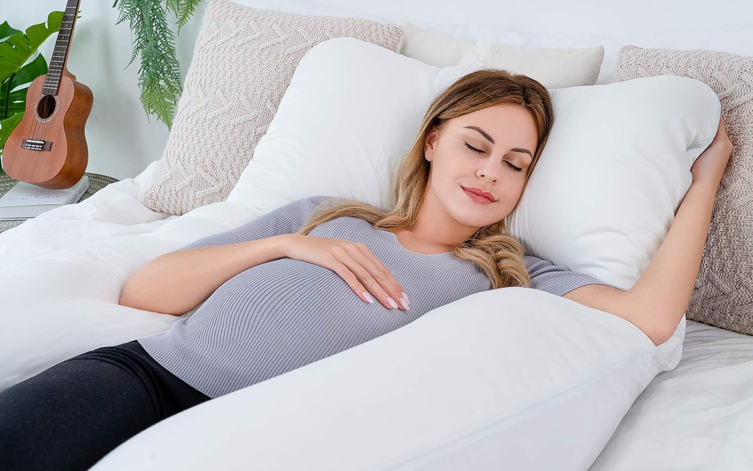QUEEN ROSE Pregnancy Pillow -Maternity Body Pillow U Shaped,Support Back/Neck/Head with Cooling Cover (55in, White)