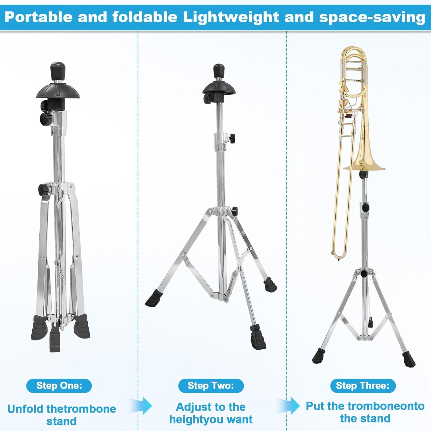 Earthtec Silver Folding Trombone Stand Retractable Height Adjustment, Triangular Stable Construction for Standard-sized Trombone