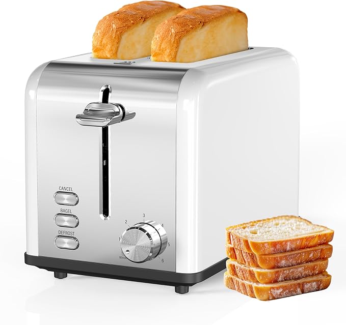 Simple Deluxe 2-Slice Toaster, Stainless Steel Toaster, 6 Browning Setting and 3 Function, Extra Wide Slot & Removable Crumb Tray, for Bread & Waffle, White