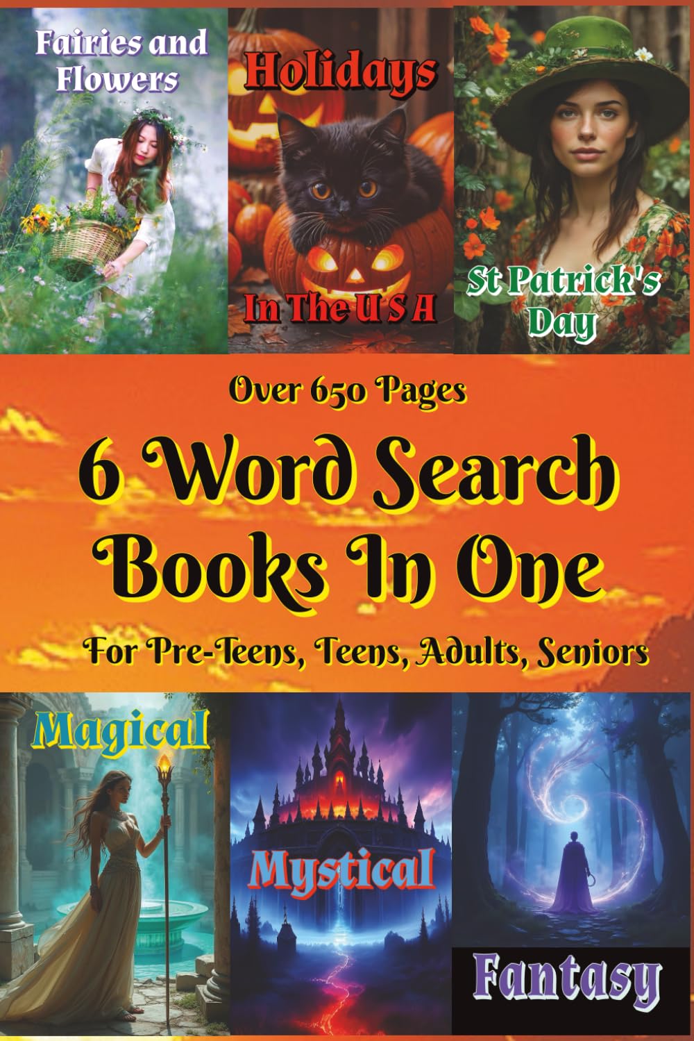 6 Word Search Books In One: Mystical, Magical, Fantasy, Flowers, Fairies, St Patrick's Day, USA Holidays | 6 x 9 inches, 688 pages | For Gifts, Relaxation, Vacation, Road Trips