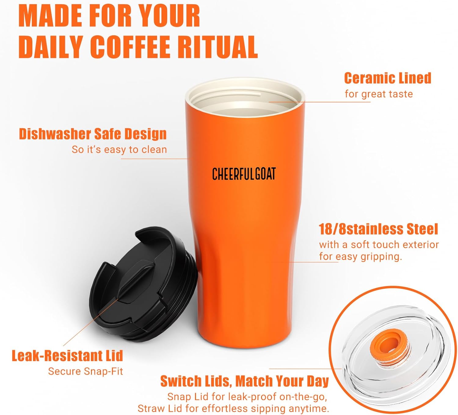 CHEERFUL GOAT Ceramic Lined Coffee Travel Tumbler – Stainless Steel Travel Coffee Tumbler with Ceramic Liner, with lid, 21 OZ Cup for Hot and Cold Water Coffee at Home, Office, or On the Go (White)