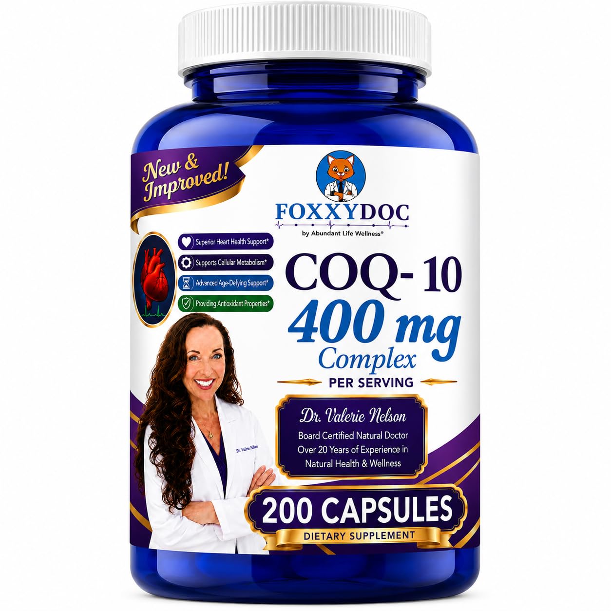 CoQ10 400 MG Per 2 Caps - Ubiquinone - Excellent Value - Heart, Brain & Cellular Supplement - Energy Support - 200 Caps in Bottle - by Foxxy Doc