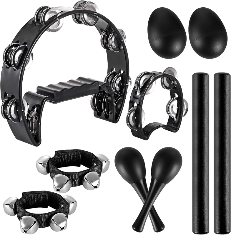 10 Pcs Percussion Instrument Set, Half Moon Tambourine, Wood Rhythm Sticks, Bells Tambourine, Wrist Bells, Egg Shakers, Maracas for Party, Black