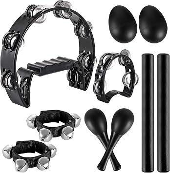 10 Pcs Percussion Instrument Set, Half Moon Tambourine, Wood Rhythm Sticks, Bells Tambourine, Wrist Bells, Egg Shakers, Maracas for Party, Black