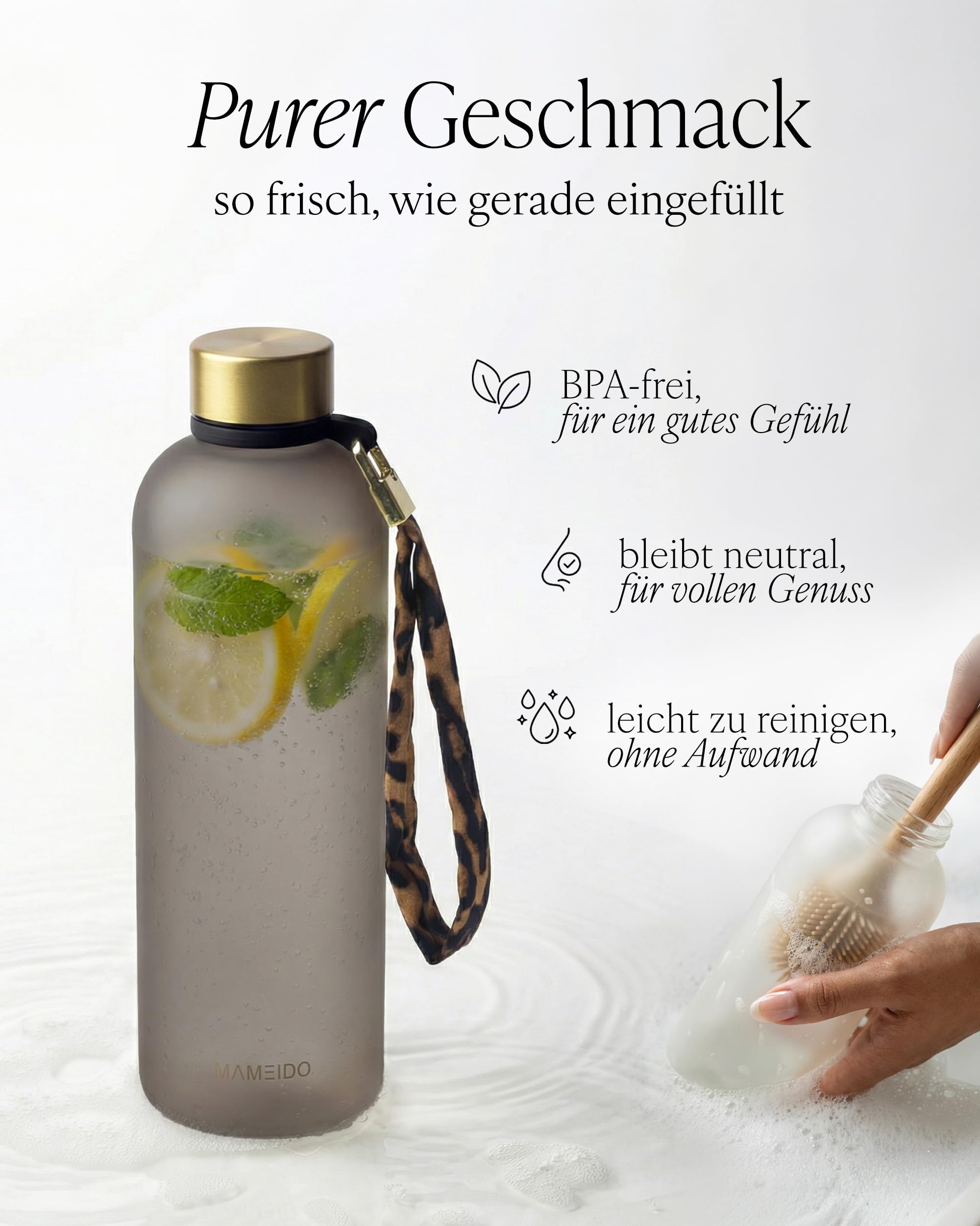 MAMEIDO Trinkflasche mit Zeitmarkierung 1 l (Urban Taupe Gold) | mit abnehmbarer Trageschlaufe, auslaufsicher & Kohlensäure geeignet, BPA-frei, ideal für Sport, Gym & Büro