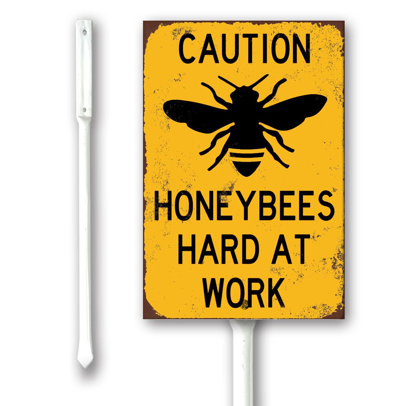 Geroclonup Caution Honey Bees Hard At Work Yard Sign With Stakes 11.5x15cm,Aluminum Sign for Home Farm Decor Outdoor Street Warning Signs, Weatherproof Easy Install Set of 1