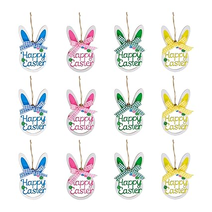 CALANDIS 12 Pieces Easter Bunny Hanging Ornaments Wood Tags for Tree Office Wall | 12 Easter Bunny Hanging Ornaments