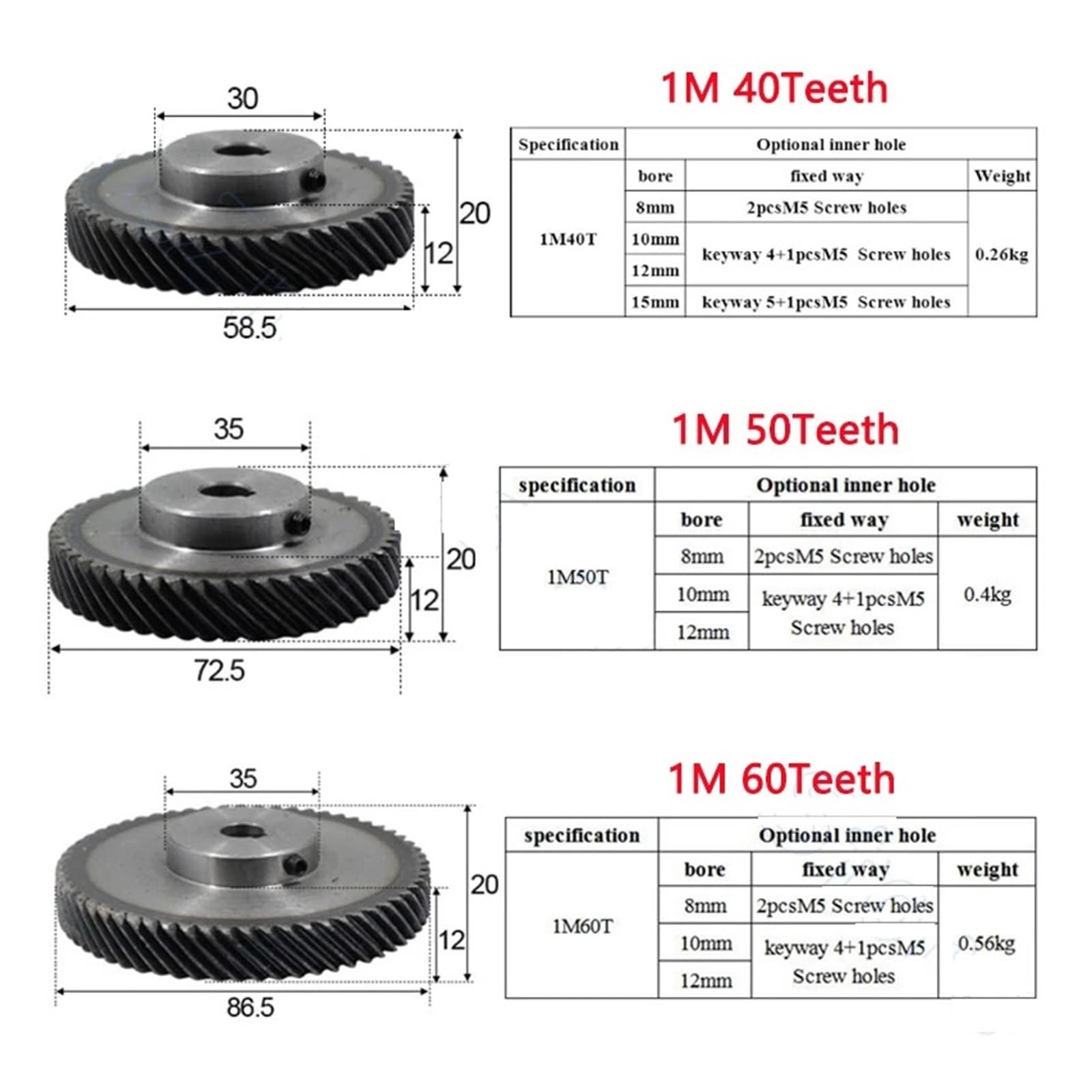 Engrenage hélicoïdal industriel 1 pièces 1M 18T-60T 45 degrés engrenage hélicoïdal gauche en acier engrenage décalé alésage 10 mm rainure de clavette 4 mm 18T 20T 25T 30T 40T 50T 60T(60 Teeth)