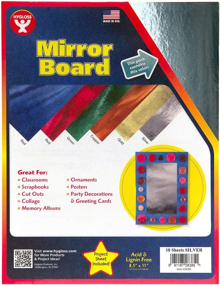 Hygloss Mirror Board Sheets, Silver 8.5x11 – 10 Pack | Reflective Craft Paper for School Projects, Signs & DIY Décor | Shiny, Durable Poster Boards for Eye‑Catching Displays