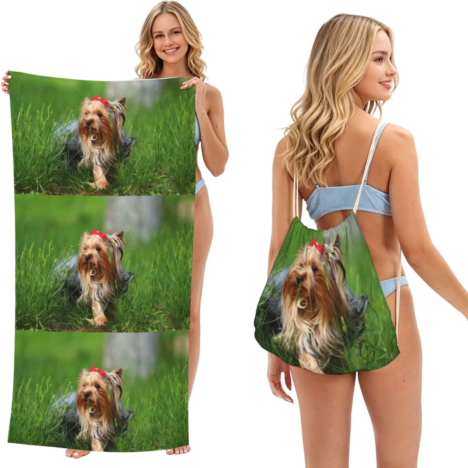 Poadnly As Picture Yorkshire Terrier Lawn Cute Dogs Ummer Red Bow, 2 In 1 Packable Towel Bag, Beach Towels With Drawstring Backpack For Travel Holiday Camping