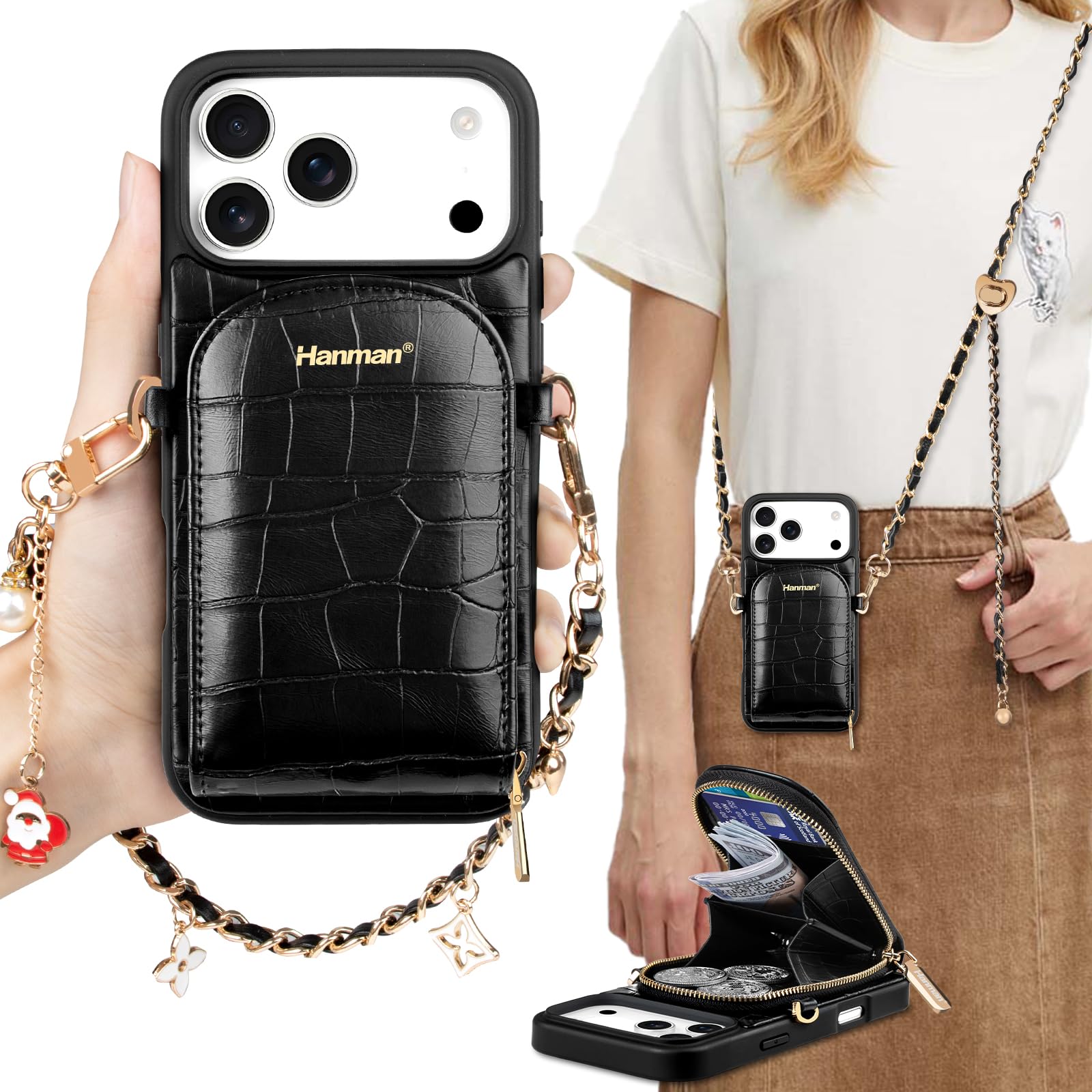 Hanman Schutzhülle aus Leder mit Handschlaufe, RFID-blockierend, Mikrofaser, PU-Leder, Reißverschluss, Geldbörse für iPhone 17 Pro Max, Krokodil-Hand-Kartenhalter, Schwarz