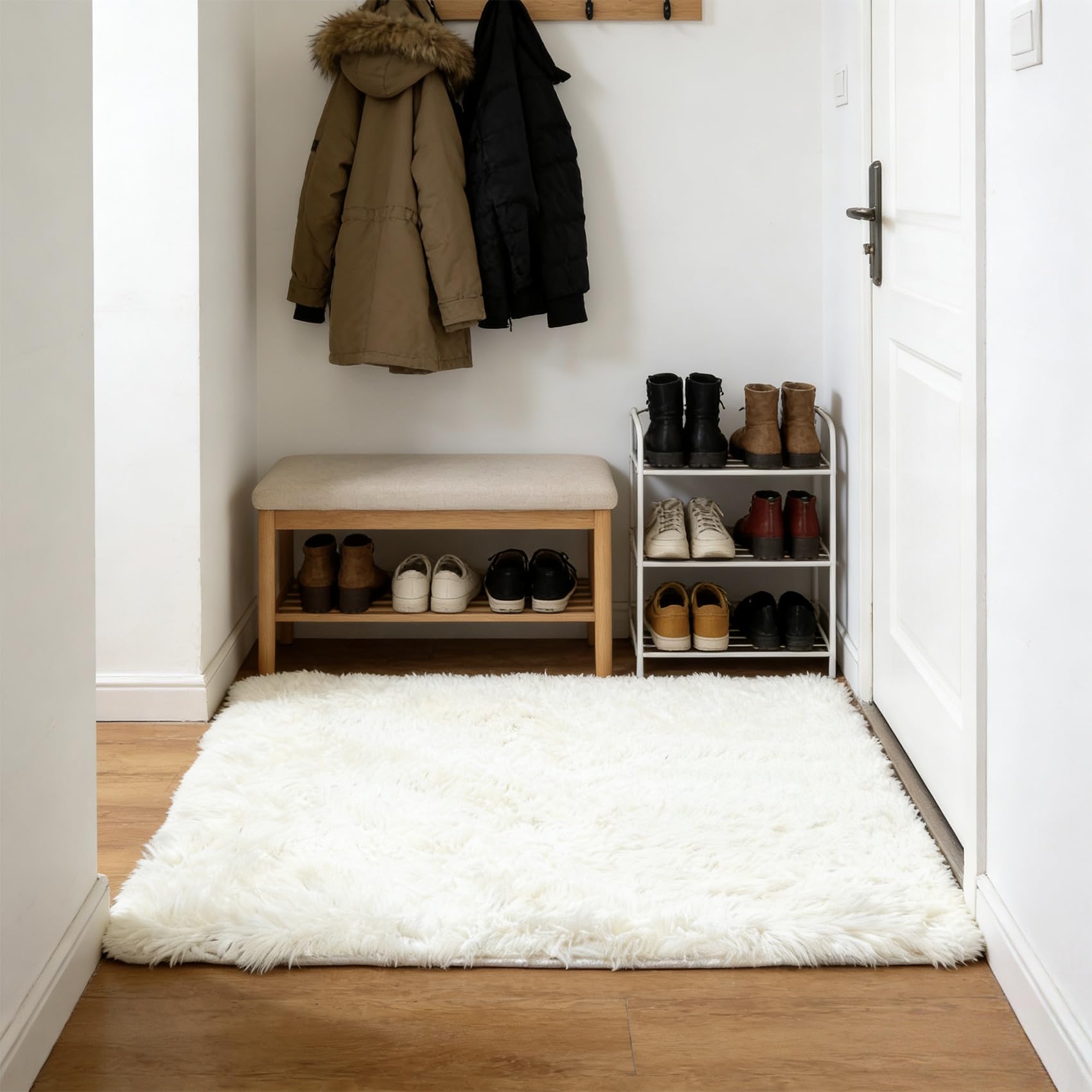 Tapis de salon moderne blanc 220 x 90 cm à poils longs pour chambre
