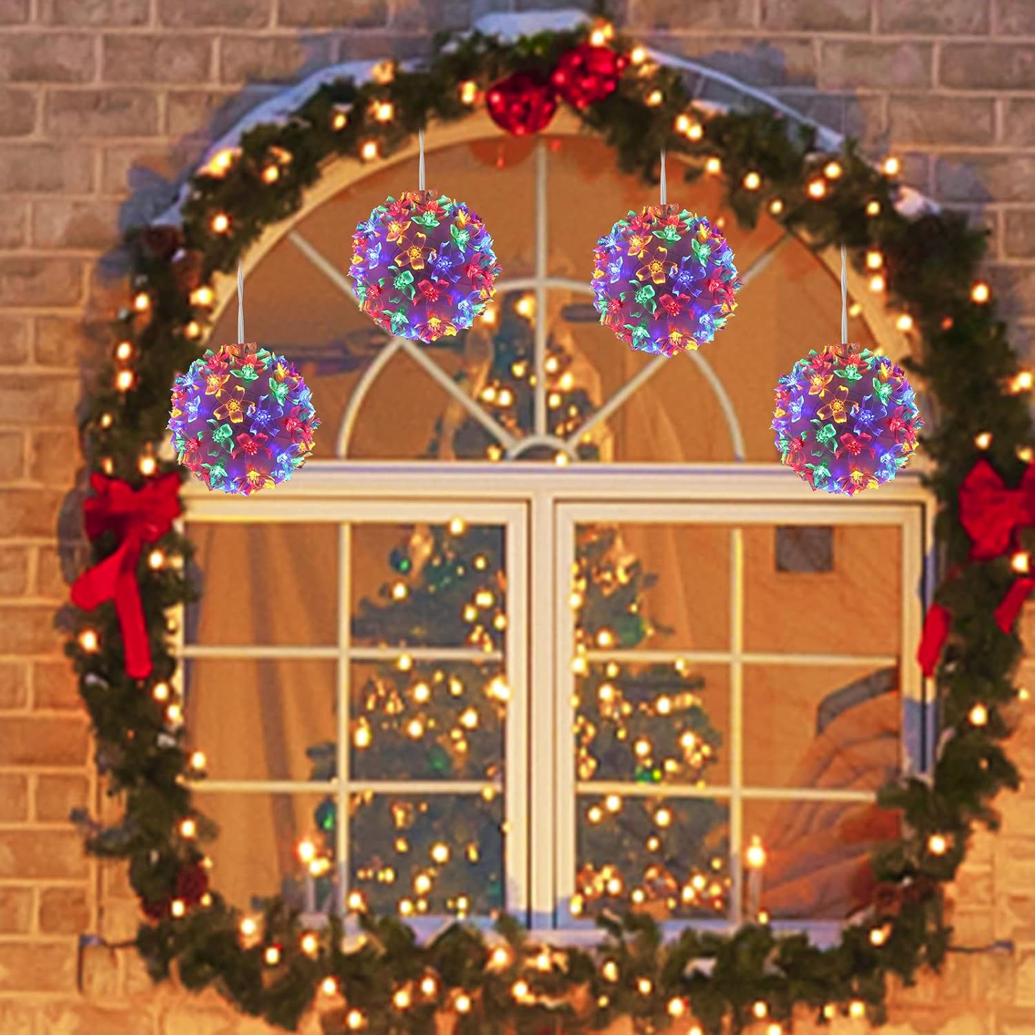 LAMPHOME 4.2" 50 LED X 4 PCS Sphere, Lighted Ball Hanging Ornamentwith 11-Functions, Multi-Color Holiday Decoration(4PK)