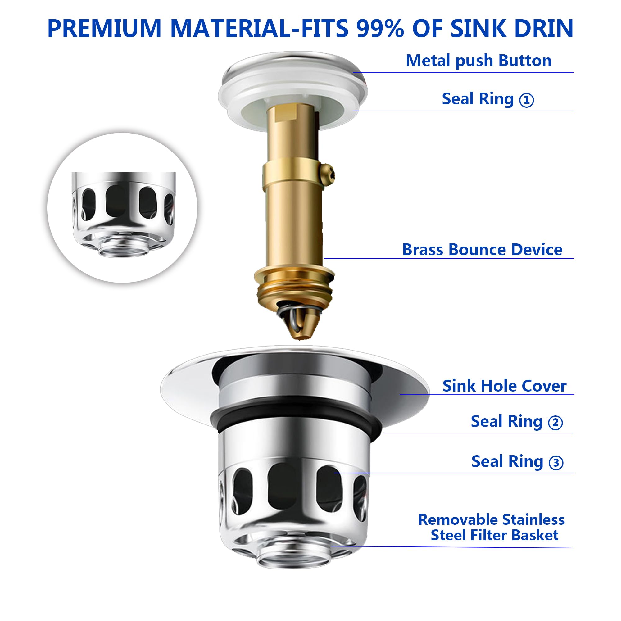 4 Tappi Scarico Lavabo Universali - Pop-Up, Filtro Anti Intasamento, Per Foro 34-40mm - Foto 5