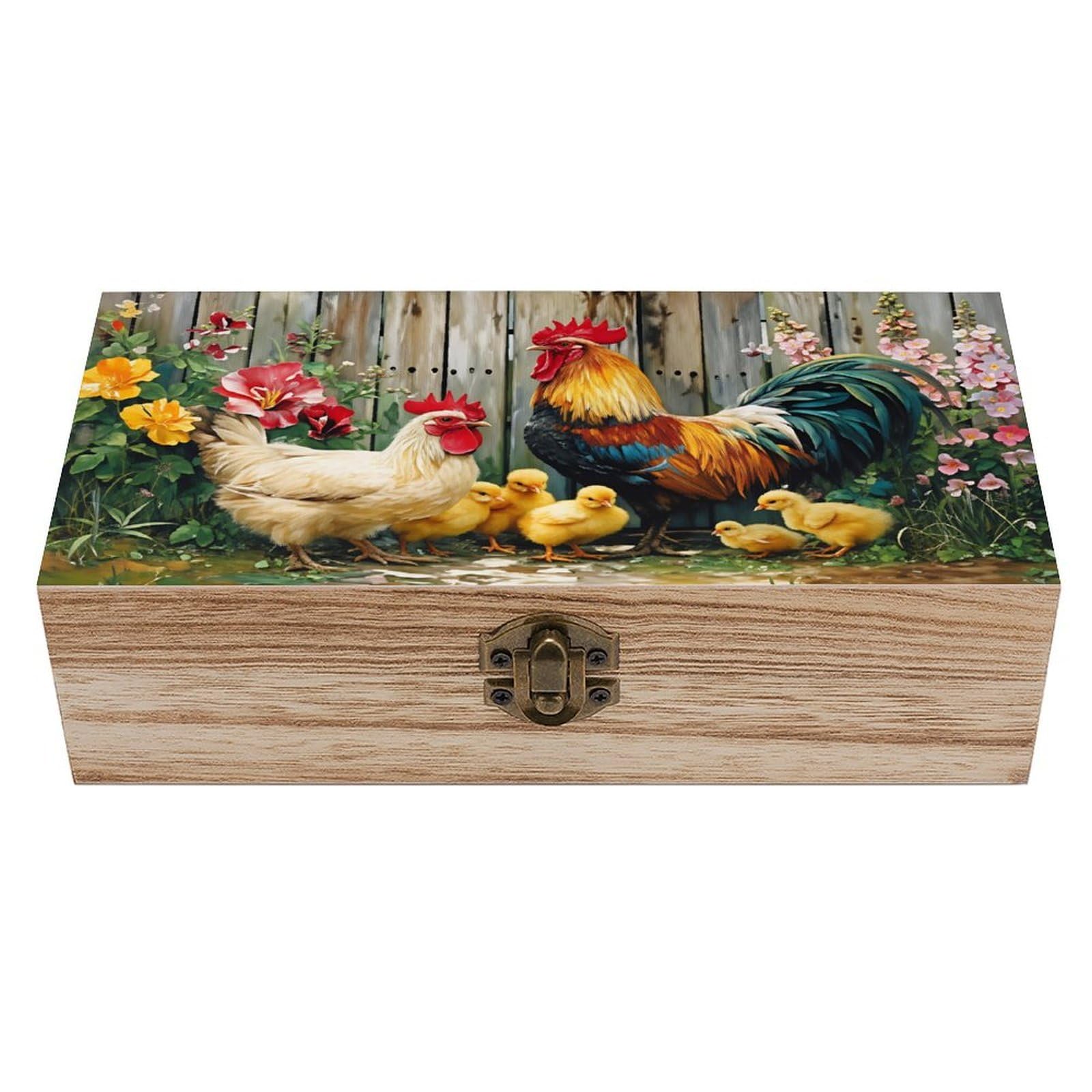 SMAZDFXX Chicken Family Garden Scene Wooden Keepsake Box Vintage Solid Wood with Hinged Lid 7.9"×3.7"×2.3" Metal Latch Rustic Home Decor for Jewelry Photos And Trinkets