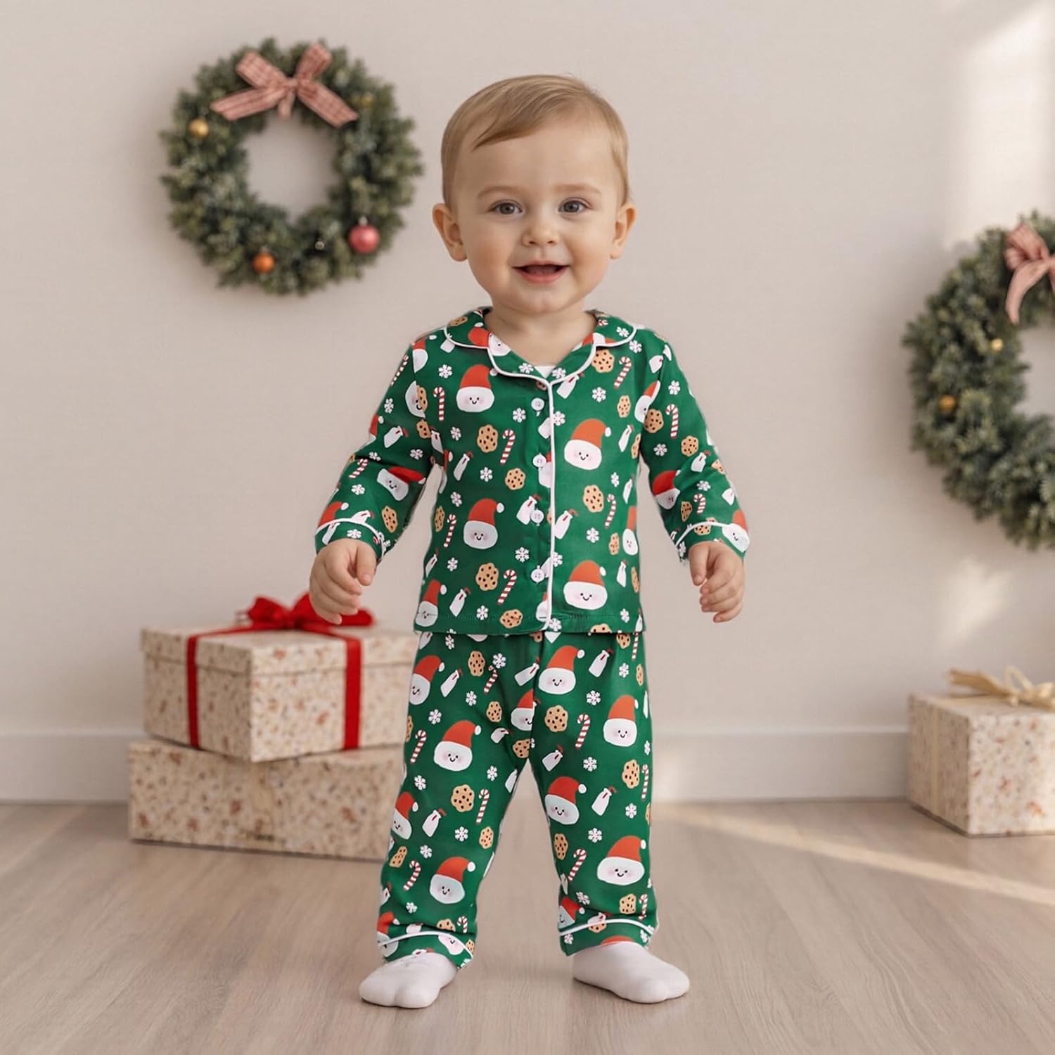 Kuriozud Kids Toddler Boy Christmas Pajamas Long Sleeve Button Down Shirt Top and Pants 2pcs Pjs Sets Sleepwear - Image 2