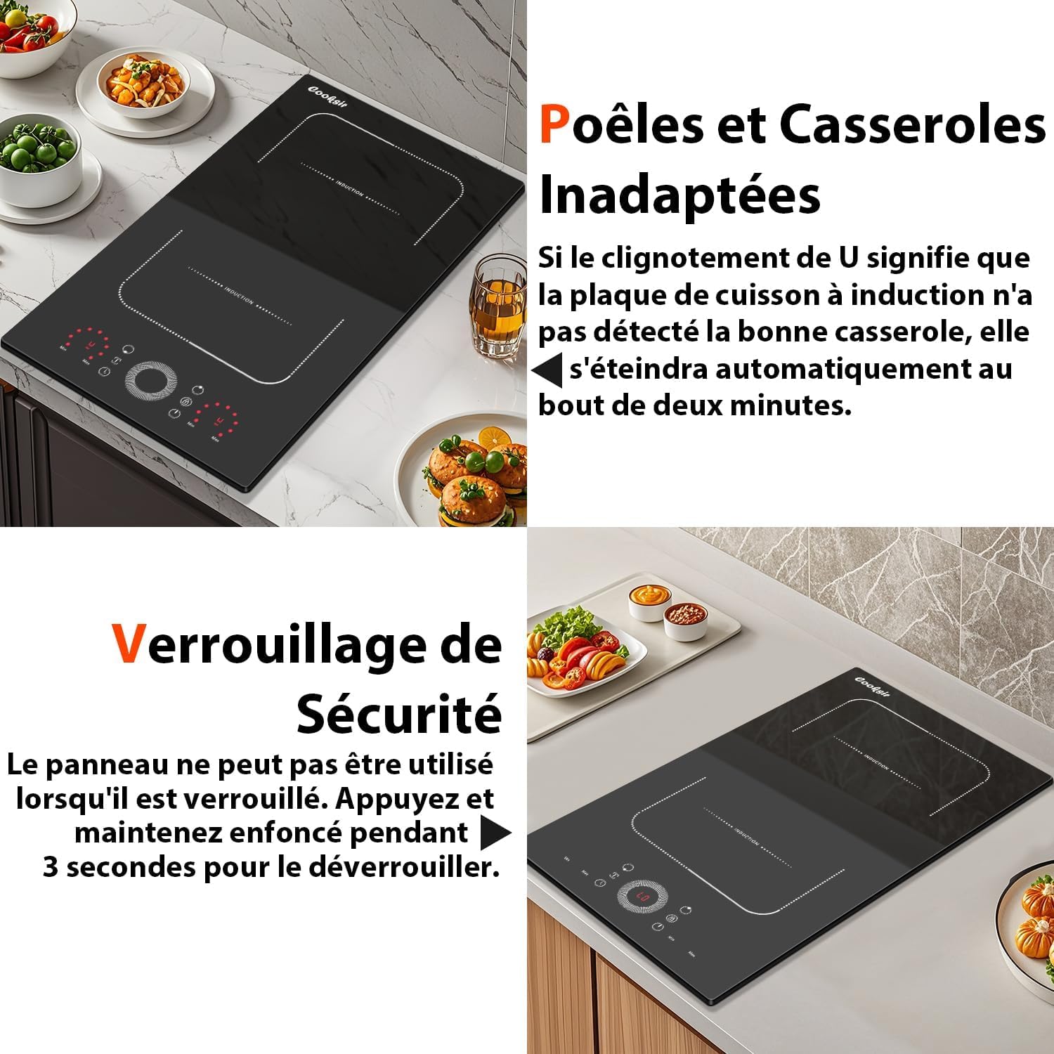 Plaque Induction 2 Feux avec Prise, Plaque à Induction Encastrable 29CM, Zone Flexible, Curseur Circulaire, Verrouillage de Sécurité, Minuterie, Cooksir Induktionskochfeld 2 Platten mit Stecker