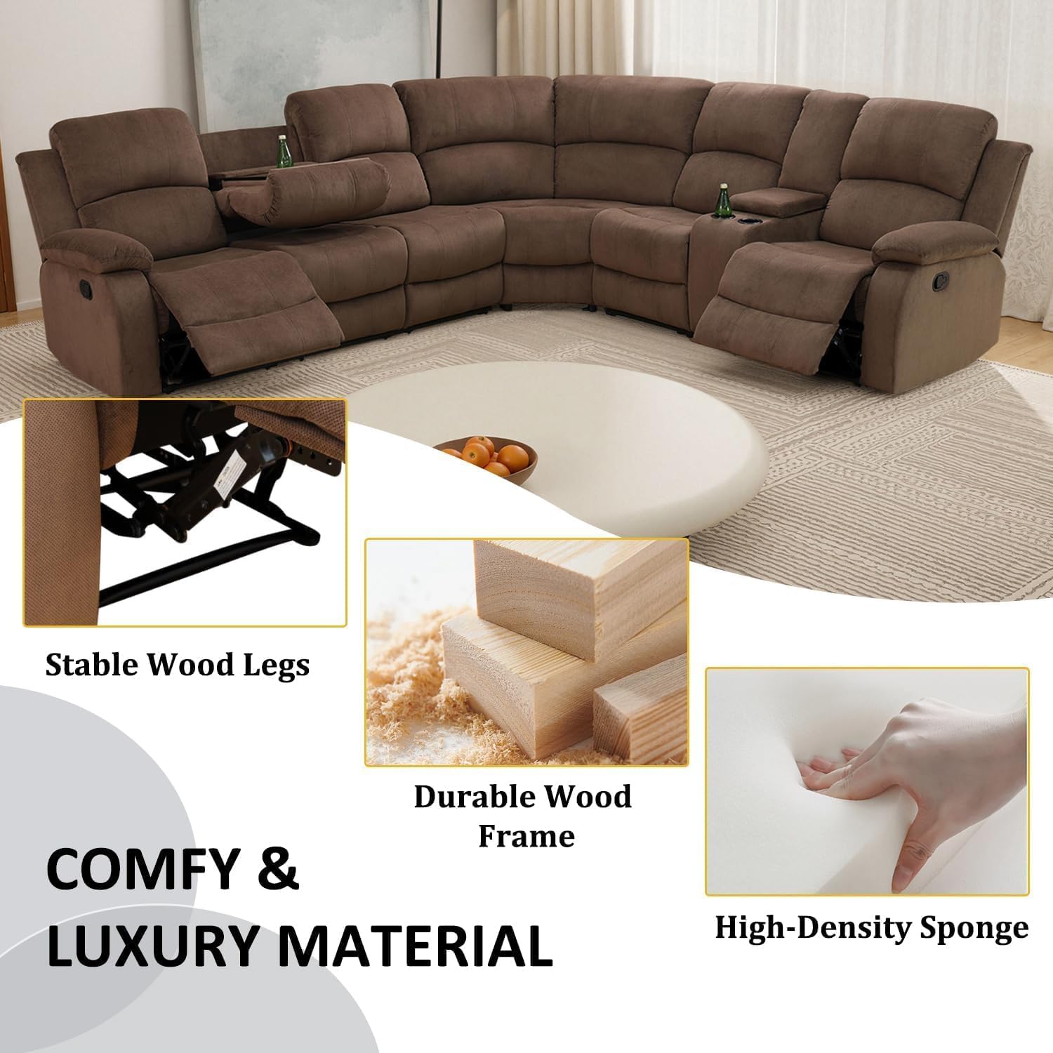 2 Piece Living Room Furniture Set, 7 Seats Manual Recliner Sectional Sofa Set, Corduroy Fabric L Shaped Sectional Reclining Couch and Chair with Cup Holders&Storage (Brown)