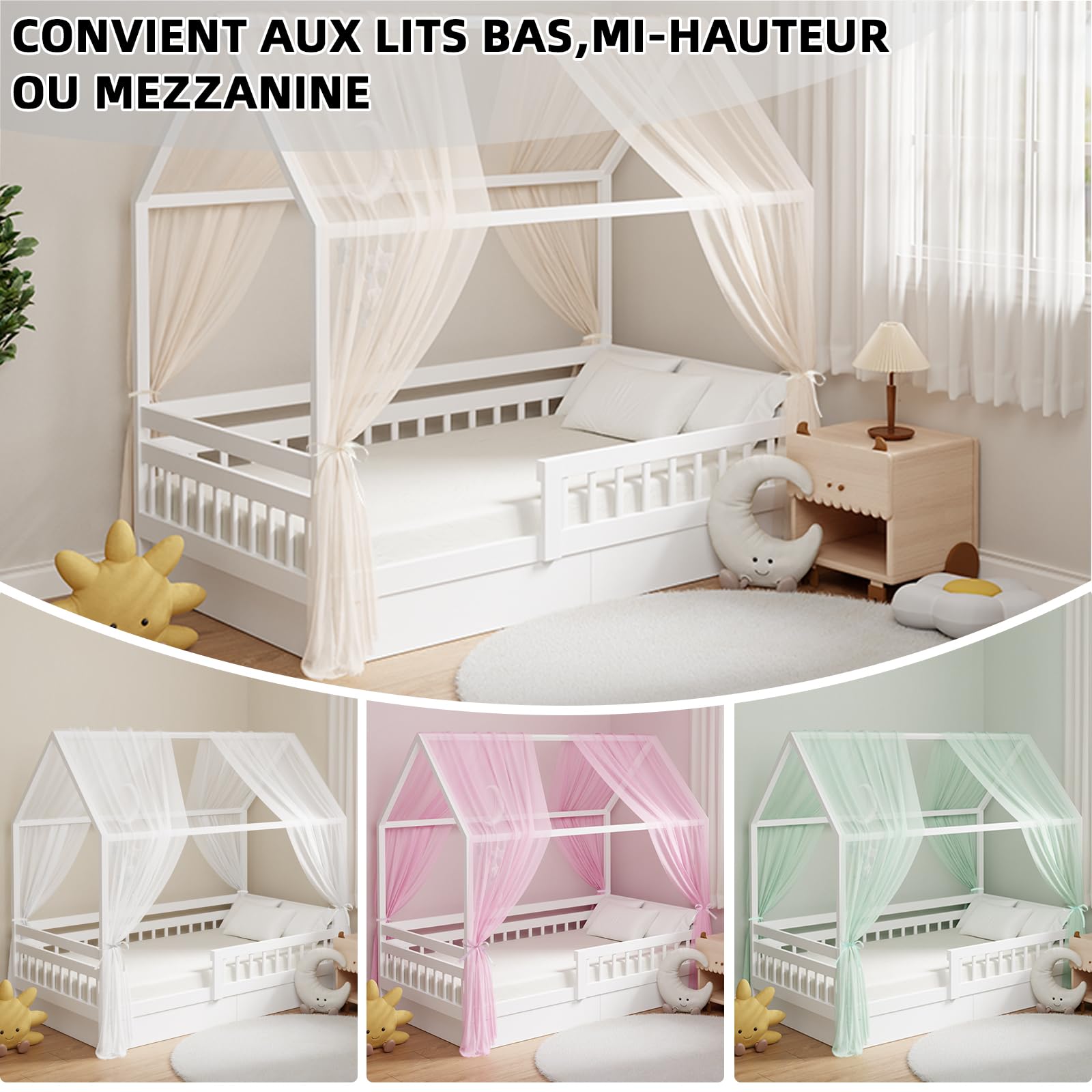 GFCC Ciel de Lit Cabane pour Maison Lot de 2 Pièces Décoration Voile Lit Cabane Beige pour Chambre d'enfant,Rideau Voilage 150x350cm pour Fille Garçon