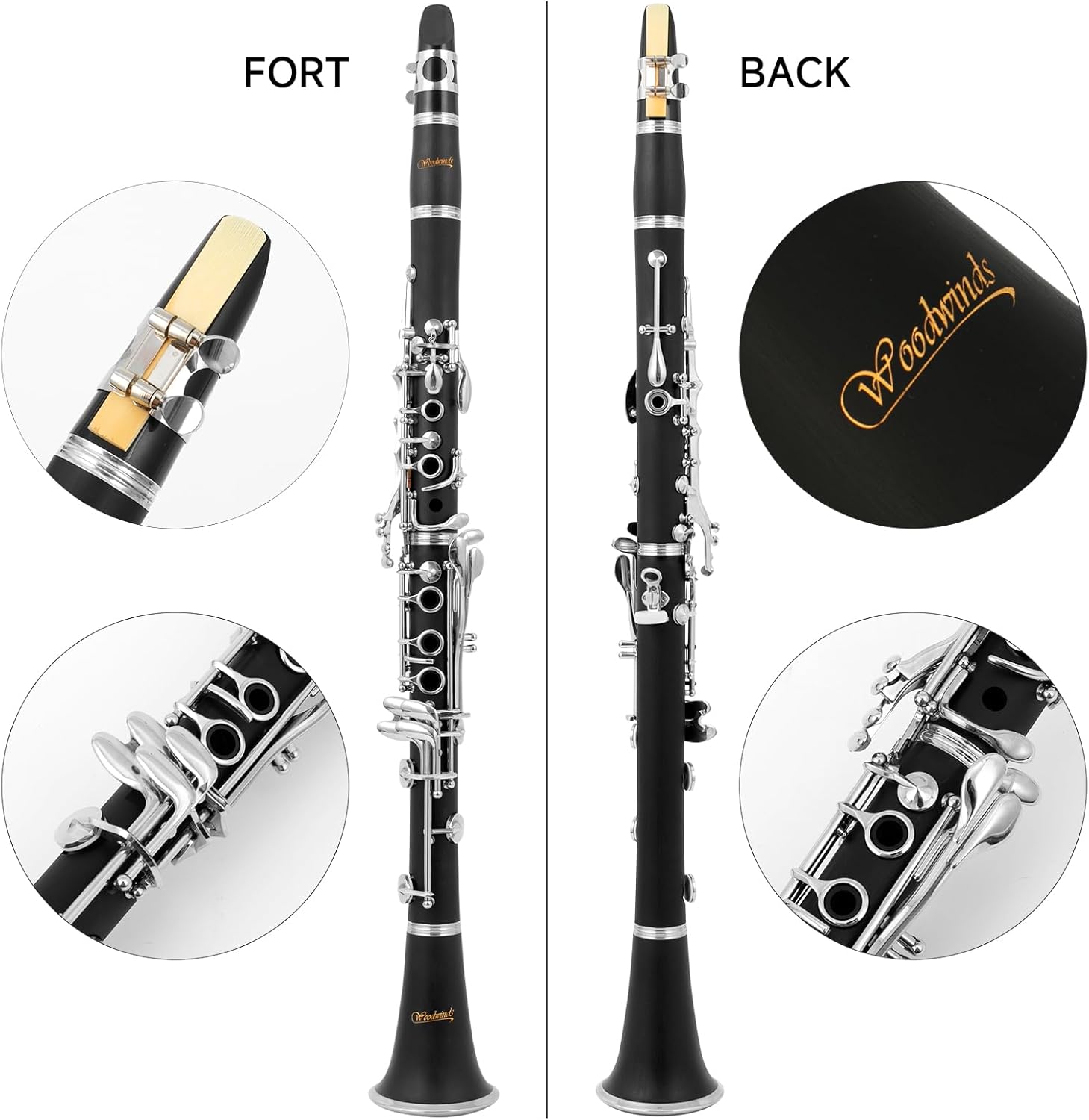 Woodwinds Professional Bb Clarinet Set – Ebonite Body, Nickel-Plated Keys – Case, Cleaning Kit, Stand & Accessories – Beginner & Intermediate