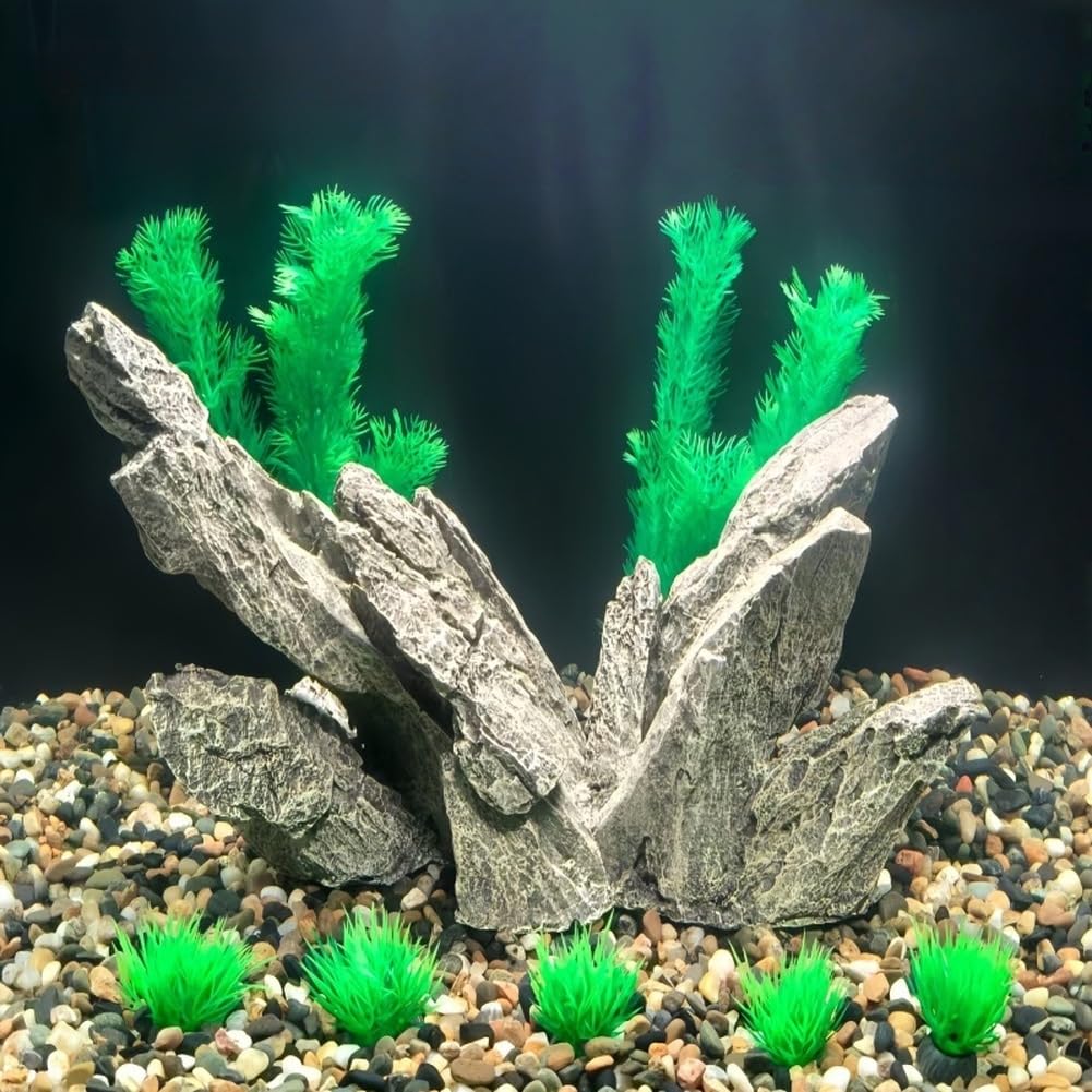 Decorazione per acquario, in resina, decorazione realistica, roccia verde per acquario, robusta pianta artificiale per nascondiglio per creature acquatiche, 36 x 8 x 26 cm (9917)