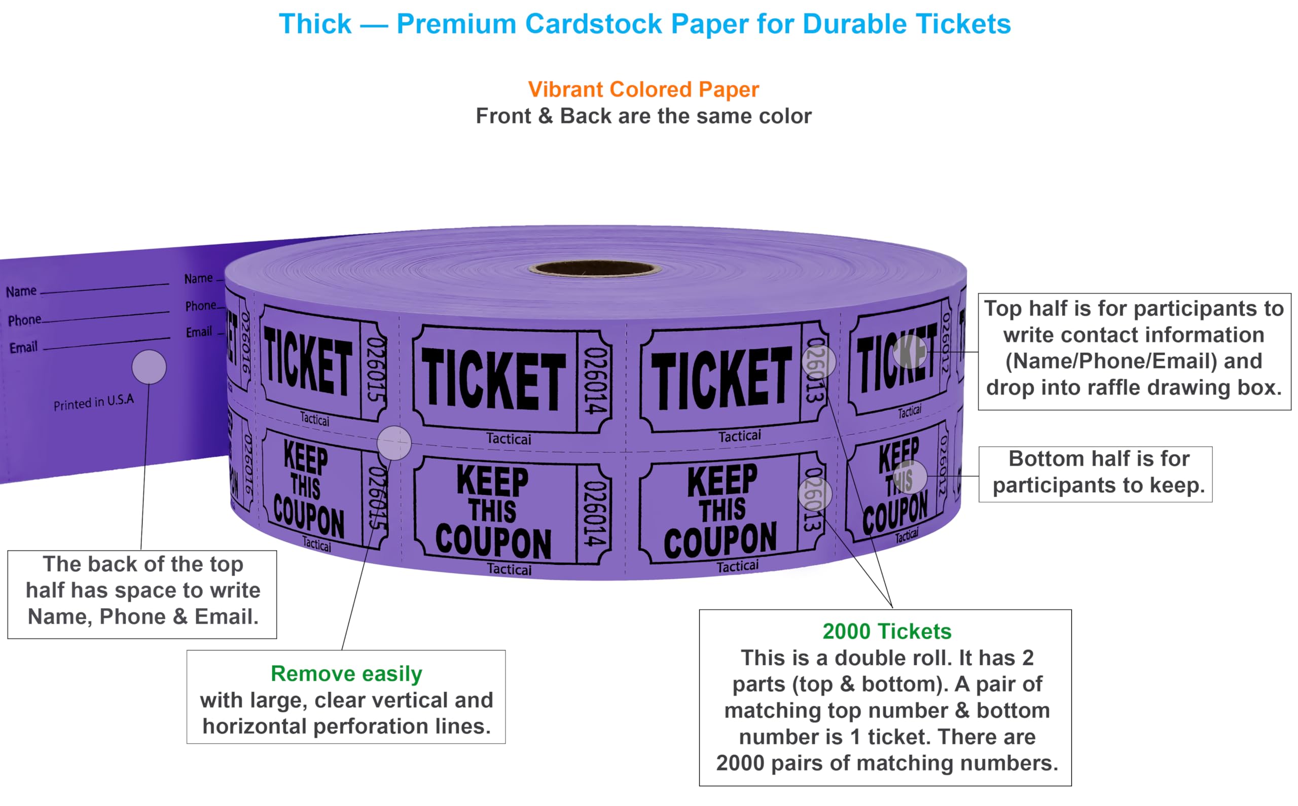 2000 Tacticai Boletos para rifa, morado (selección de 8 colores), doble rollo, boletos para eventos, entrada, recompensa de clase, recaudación de fondos y premios