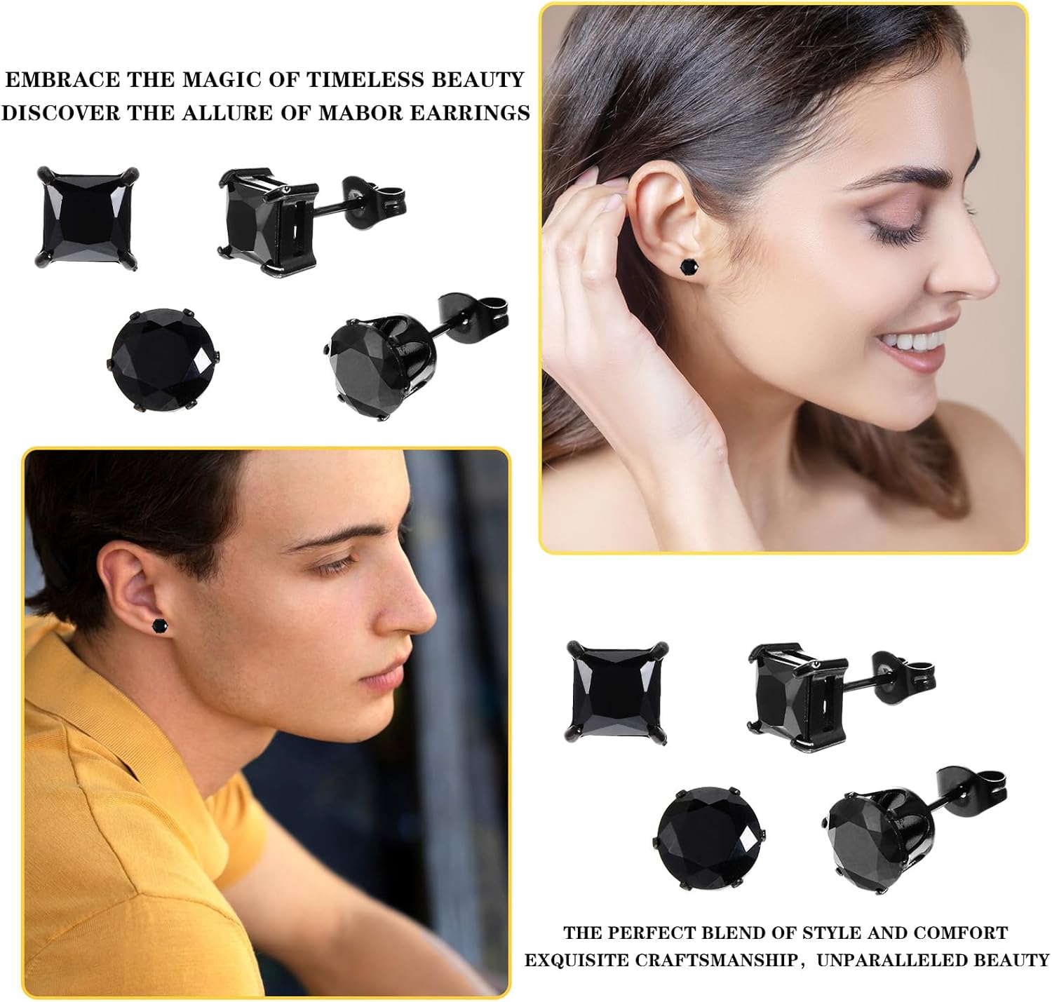 2 Pairs Black Stud Earrings for Men Women Stainless Steel Square Round CZ Mens Earrings Studs Jewelry Set for Sensitive Ears(Black Color) - Image 3