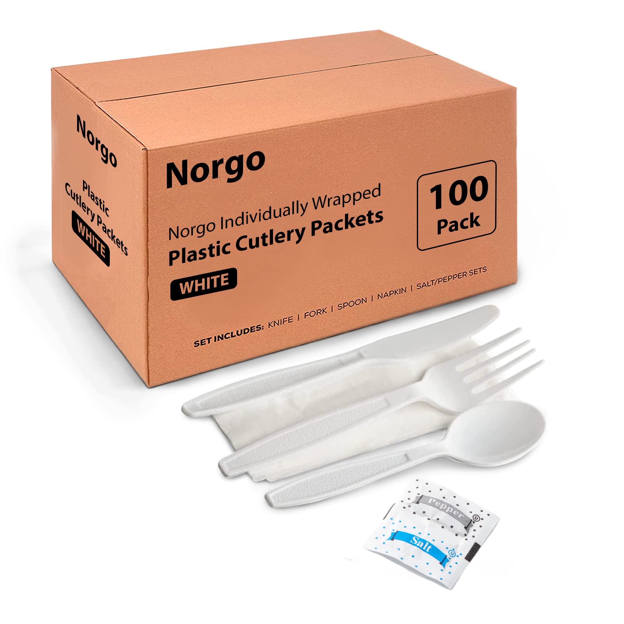 Norgo Individually Wrapped Plastic White Cutlery Packets - Includes Fork, Knife, Spoon, Napkin, Salt & Pepper - 250 Count