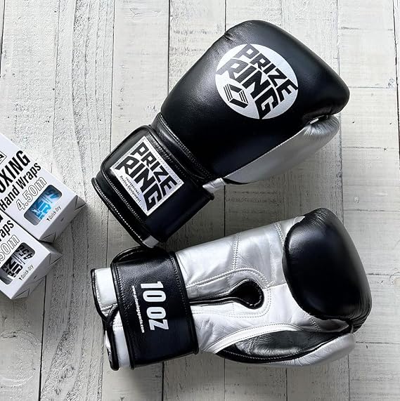 PRIZE RING Professional SS Boxing Gloves Black/Silver 10oz