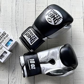 PRIZE RING Professional SS Boxing Gloves Black/Silver 10oz