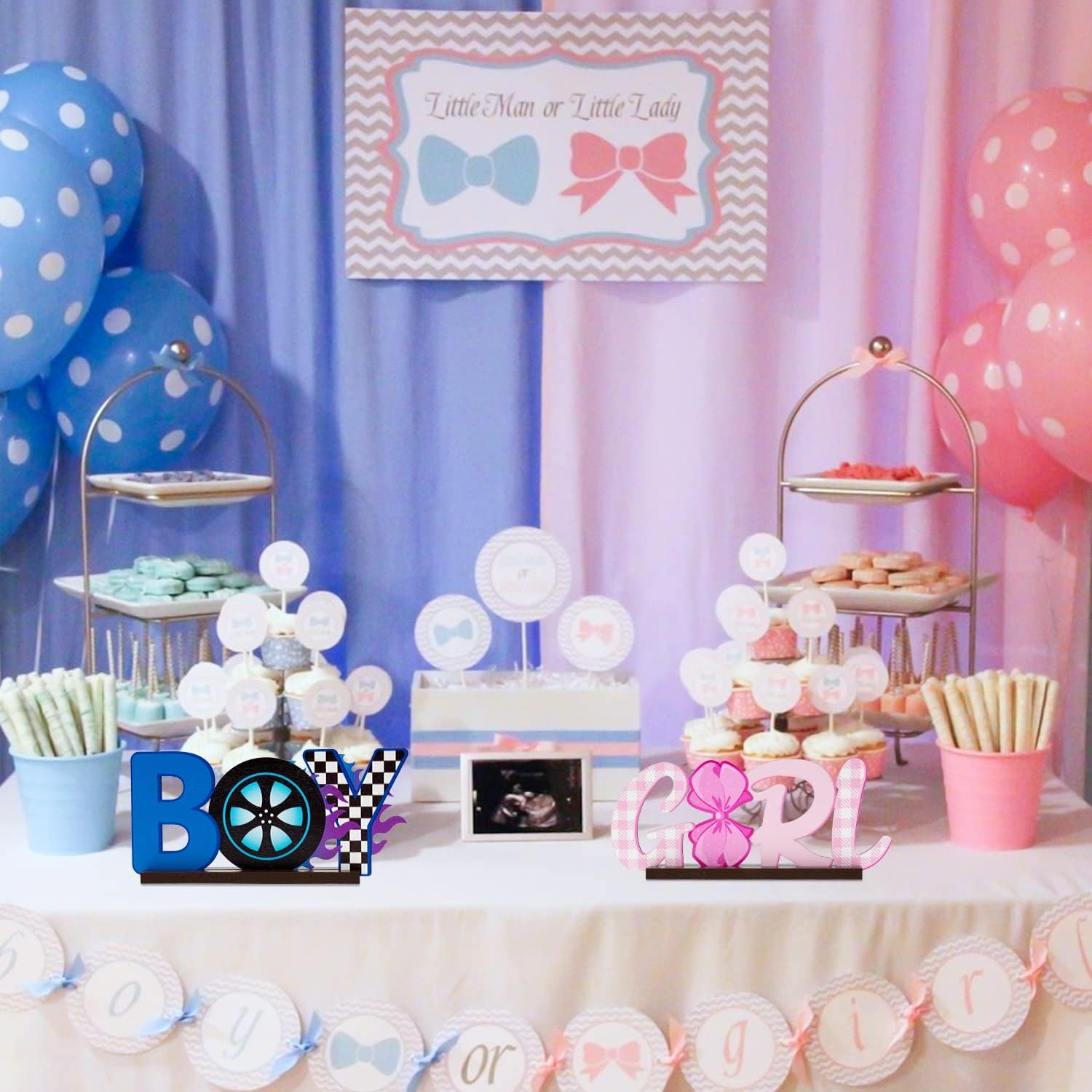 2Pcs Burnouts or Bow Gender Reveal Wooden Table Centerpieces Boy or Girl Letter Signs Blue Car Wheel Pink Polka Dots Bow Tie Party Decorations Supplies for He or She Gender Reveal Baby Shower