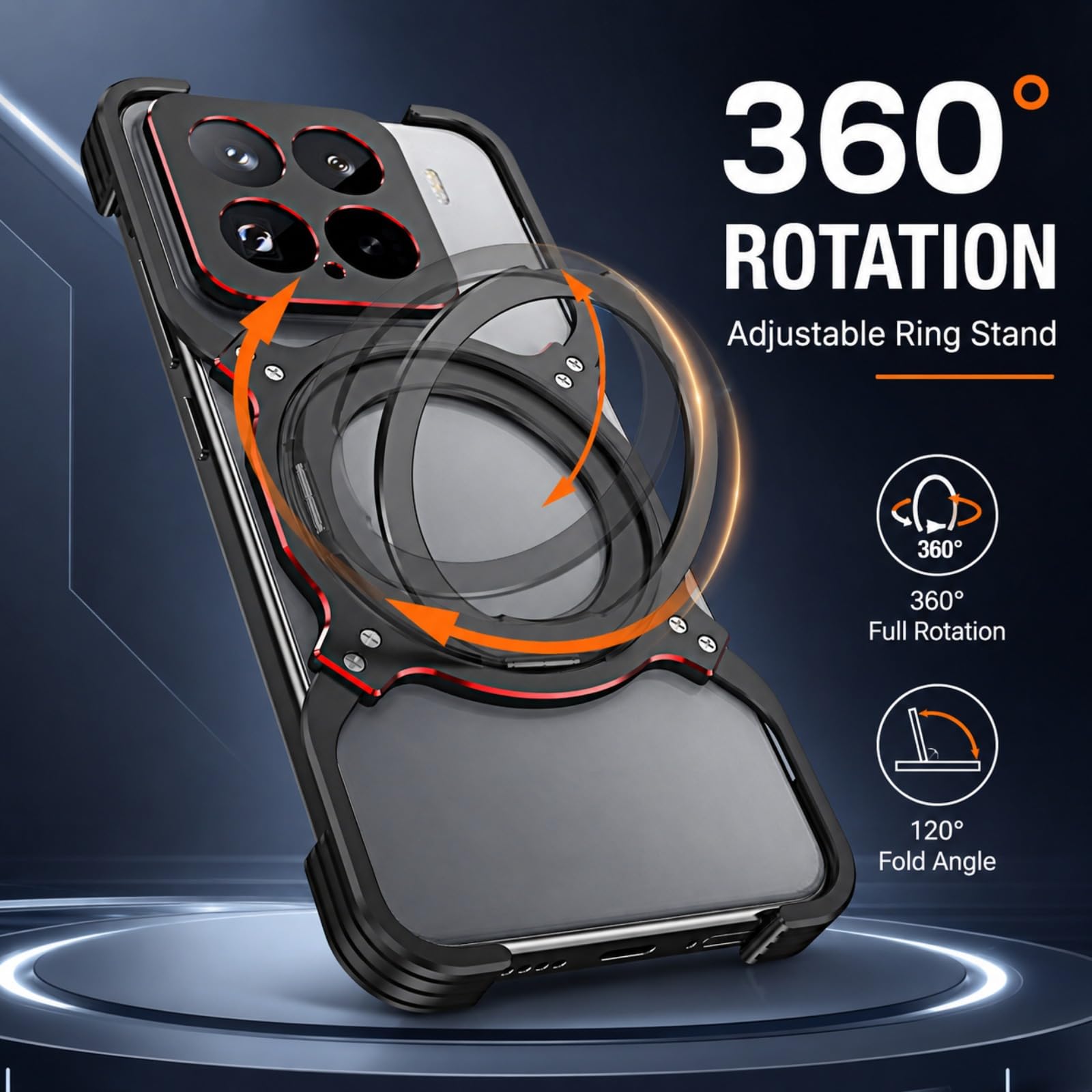 Funda para Xiaomi 15 Pro con Anillo Giratorio, Negro Rojo | Anillo Magnético Giratorio con Soporte, Estructura de Metal Abierta, Bordes de Cámara Elevados, Esquinas Reforzadas