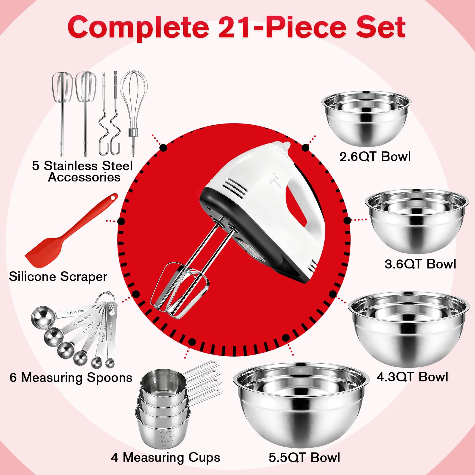 Elektrischer Handmixer mit Edelstahl-Schüssel-Set–Handmixer mit Turbo-Boost-Funktion und 7 Geschwindigkeitsstufen, großen Rührschüsseln, Messbechern, Löffeln und Silikonspatel für das Backen in Küche