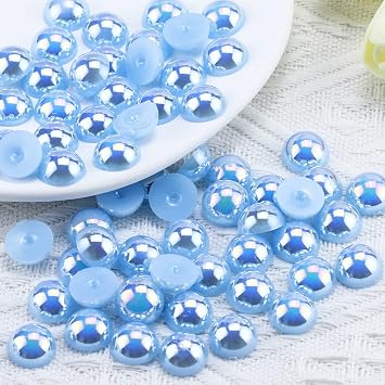 150PCS 14mm Flatback Half Pearls for Crafts Jewelry Scrapbooking Embellishement, Flatback Pearls Gems for Crocs Shoes Cups Clothes, Imitation Loose Pearl Beads Light Blue AB