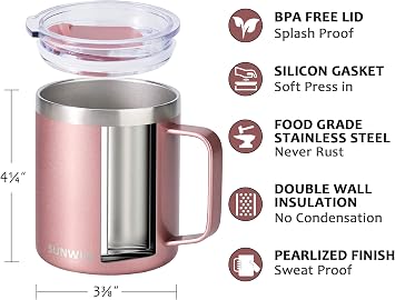 SUNWILL Coffee Mug with Handle, 14oz Insulated Stainless Steel Coffee Travel Mug, Double Wall Vacuum Reusable Coffee Cup with Lid, Rose Gold