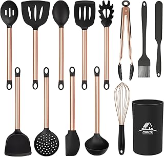 Silicone Cooking Utensil Set,14 Pcs Kitchen Utensils Set with Holder Non-stick Heat Resistant Cookware Cooking Turner Tongs Spatula Spoon with Stainless Steel Handle (Gold Black) BPA Free, Non Toxi