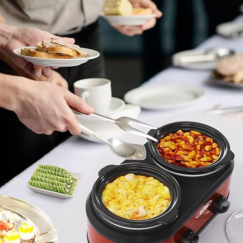Miniatura 2 de Sunvivi Olla de cocción lenta doble, 2 ollas, mini servidores de buffet y calentador pequeño, olla de cocción lenta manual ovalada doble con olla de